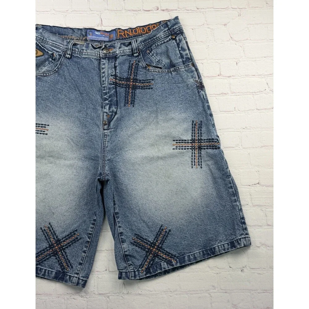 Akademiks Baggy Jean Shorts Vintage Y2K Blue Denim Embroidered Mens 38 Hip Hop